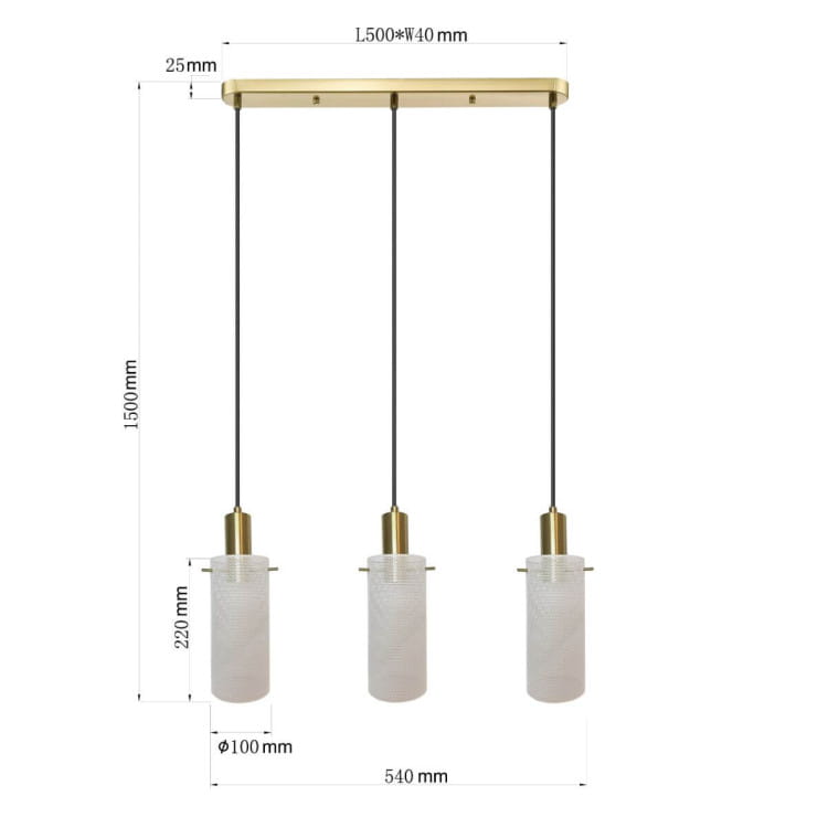 Lampa wisząca Tirana z trzema kloszami, złota/biała. Klasyczna konstrukcja z metalowym stelażem i przezroczystymi szklanymi kloszami o cylindrycznym kształcie. Długość zawieszenia 1500 mm, średnica kloszy 100 mm.