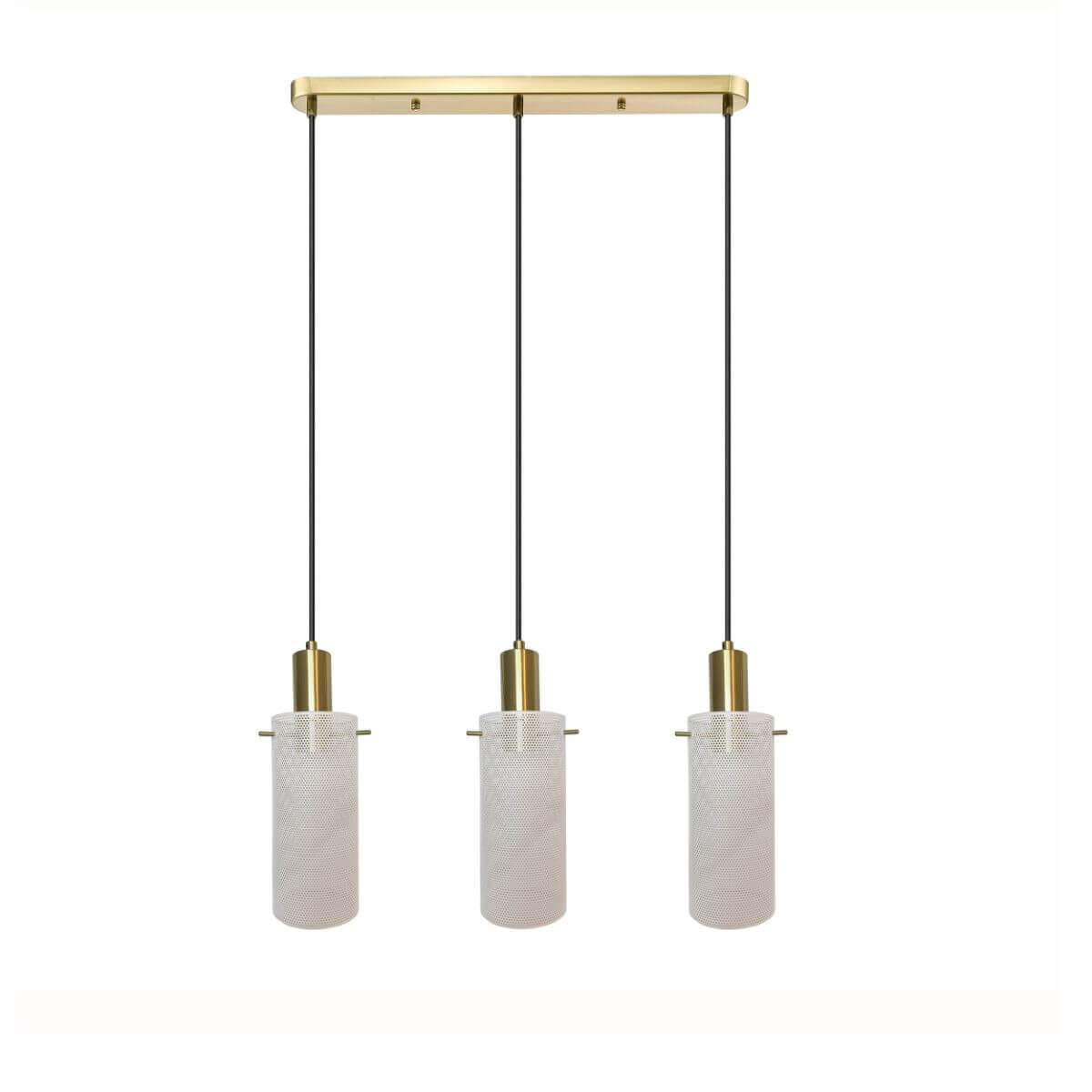 Lampa wisząca Tirana z trzema źródłami światła E27. Złota podsufitka oraz białe klosze o cylindrycznym kształcie, zwisające na czarnych przewodach. Prosty design idealny do nowoczesnych wnętrz.