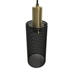 Lampa wisząca Tirana 1xE27 w kolorze złotym i czarnym. Konstrukcja z siatki metalowej w czerni z centralnym złotym elementem. Ujęcie z góry, pokazujące detale i kształt. Długość kabla nieokreślona.