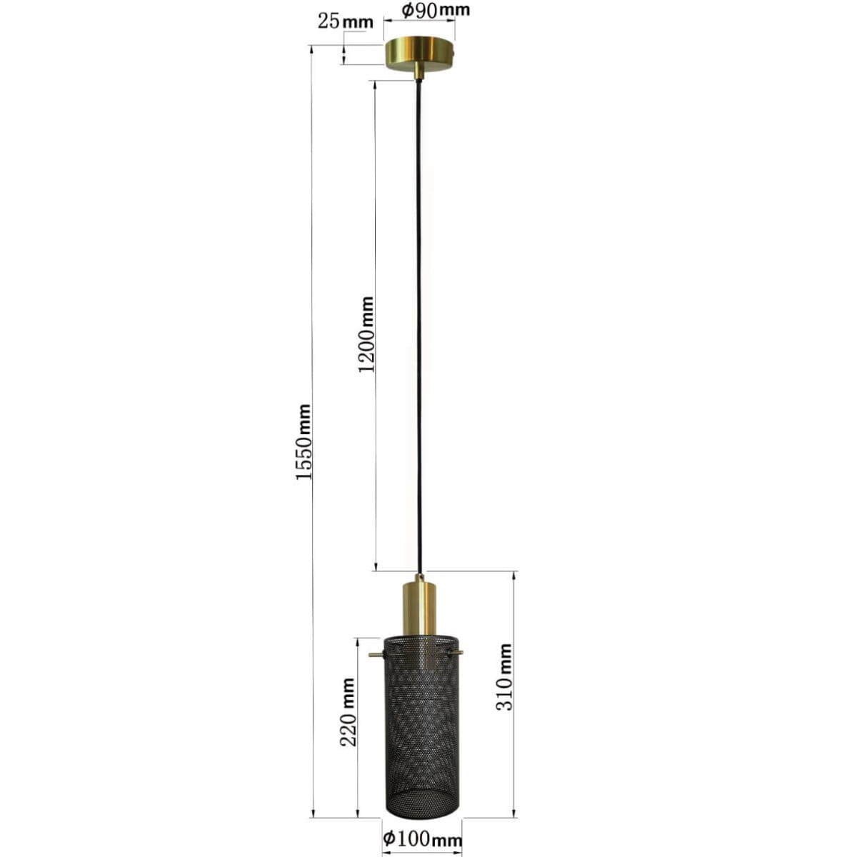Lampa wisząca Tirana z mocowaniem E27 w kolorze złotym i czarnym. Wysoka, cylindryczna obudowa z siatki metalowej, zawieszona na czarnym przewodzie. Wymiary: wysokość 1550 mm, średnica 100 mm. Ujęcie frontalne, produkt w pozycji wiszącej.