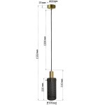 Lampa wisząca Tirana z mocowaniem E27 w kolorze złotym i czarnym. Wysoka, cylindryczna obudowa z siatki metalowej, zawieszona na czarnym przewodzie. Wymiary: wysokość 1550 mm, średnica 100 mm. Ujęcie frontalne, produkt w pozycji wiszącej.