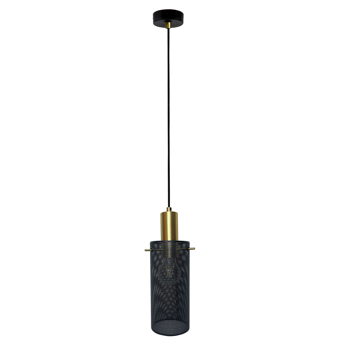 Lampa wisząca Tirana 1xE27 w kolorze złotym i czarnym, z metalowym kloszem w formie siatki. Produkt zawieszony na cienkim czarnym przewodzie, z okrągłym czarnym mocowaniem sufitowym.