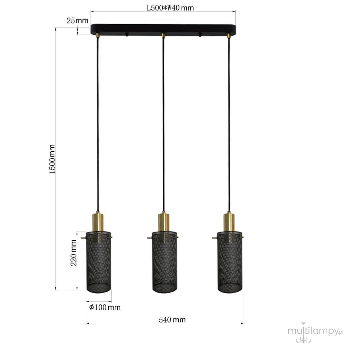 Lampa wisząca Tirana 3xE27 w kolorze złotym i czarnym. Składa się z trzech cylindrycznych kloszy z siatki metalowej, zawieszonych na długich przewodach. U góry czarna podsufitka o wymiarach 500x40 mm. Całkowita długość lampy to 1500 mm.