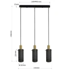 Lampa wisząca Tirana 3xE27 w kolorze złotym i czarnym. Składa się z trzech cylindrycznych kloszy z siatki metalowej, zawieszonych na długich przewodach. U góry czarna podsufitka o wymiarach 500x40 mm. Całkowita długość lampy to 1500 mm.
