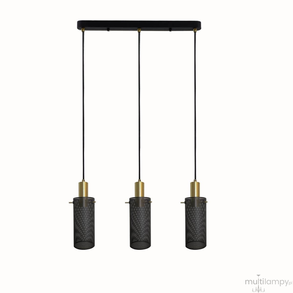 Lampa wisząca Tirana 3xE27 w kolorze złotym i czarnym, z trzema cylindrycznymi kloszami z siatki metalowej, zawieszona na czarnym stelażu. Klosze mają złote mocowania i są zawieszone na czarnych linkach.