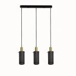 Lampa wisząca Tirana 3xE27 w kolorze złotym i czarnym, z trzema cylindrycznymi kloszami z siatki metalowej, zawieszona na czarnym stelażu. Klosze mają złote mocowania i są zawieszone na czarnych linkach.