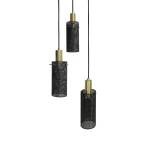 Lampa wisząca Tirana 3xE27 w kolorze złotym i czarnym, z trzema cylindrycznymi kloszami z siatki metalowej. Klosze zawieszone na czarnych przewodach, w różnej wysokości, z widocznymi żarówkami. Idealna do nowoczesnych wnętrz.