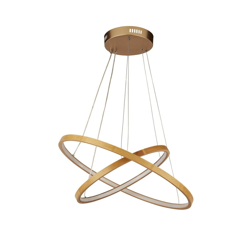 Lampa wisząca Eternity z dwoma pierścieniami LED w kolorze złotym i naturalnym bambusie. Produkt zawieszony na cienkich linkach, prezentujący nowoczesny design. Górna część z metalowym wykończeniem, a pierścienie mają matową teksturę.