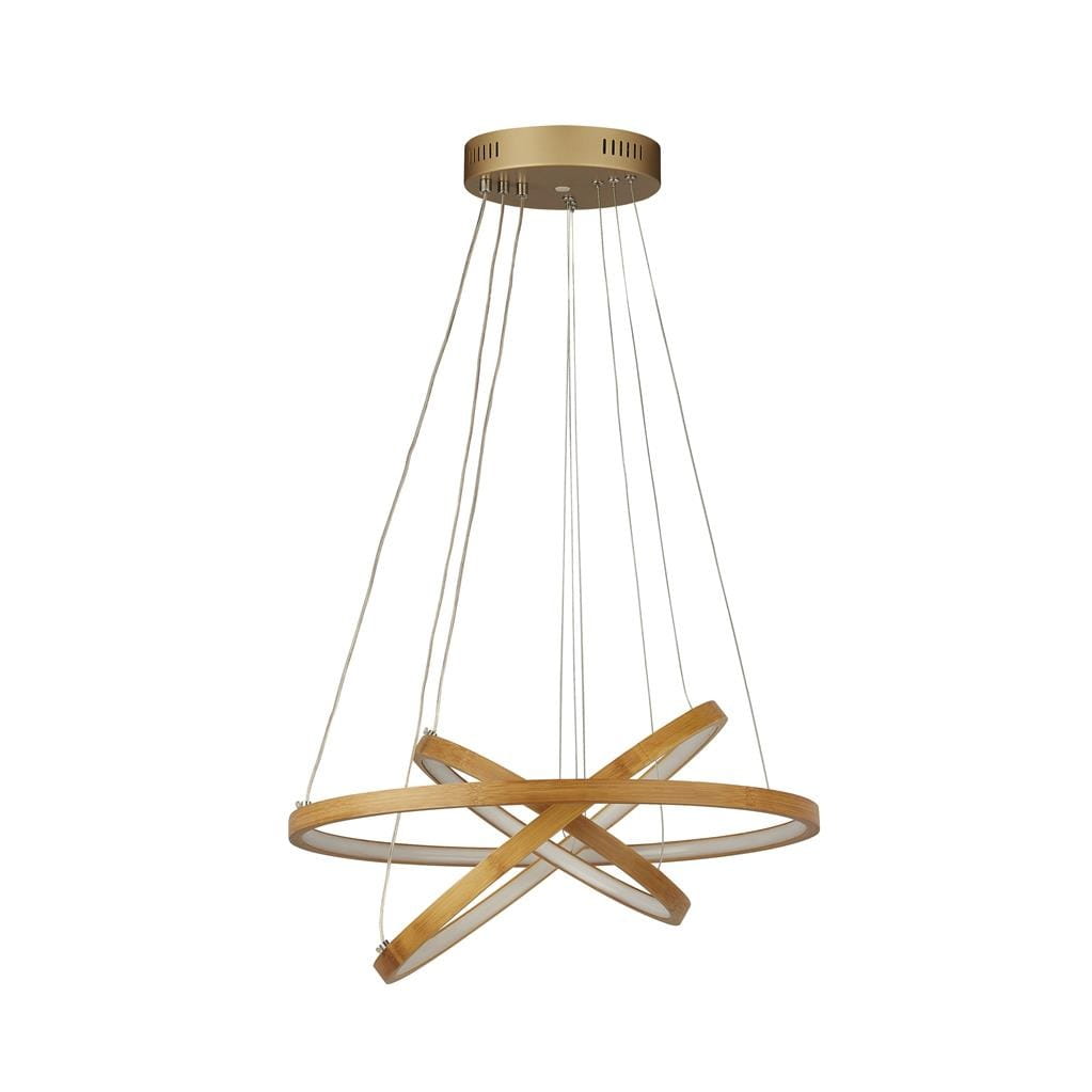 Lampa wisząca Eternity z trzema źródłami LED, o mocy 23W, w kolorze złotym z naturalnym bambusem. Posiada cztery krągłe elementy w formie gwiazdy, zawieszone na cienkich linkach. Montowana do sufitu, idealna do nowoczesnych wnętrz.
