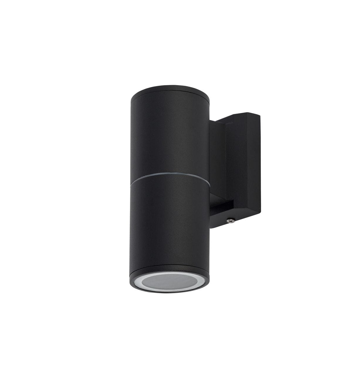 Kinkiet elewacyjny 1-punktowy w kolorze czarnym, cylindryczny kształt, zamontowany na ścianie. Widoczna okrągła lampa na dole, minimalistyczny design, gładka powierzchnia. Tło białe, podkreślające elegancki wygląd produktu.