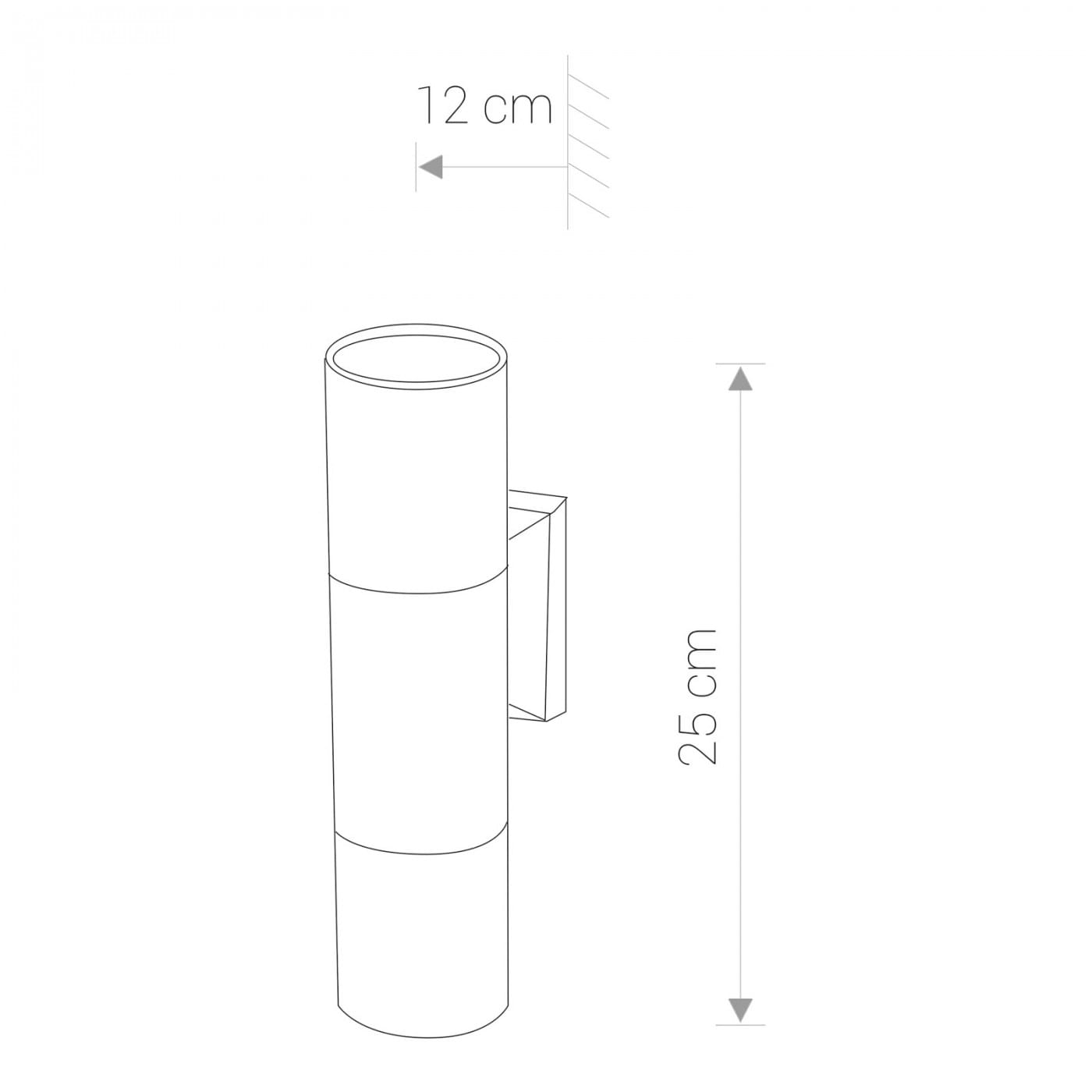 Kinkiet elewacyjny Exe, 2-punktowy, w kolorze czarnym. Produkt ma cylindryczny kształt, wymiary 25 cm wysokości i 12 cm średnicy. Zamontowany na ścianie, z widoczną podstawą. Idealny do oświetlenia elewacji budynków.
