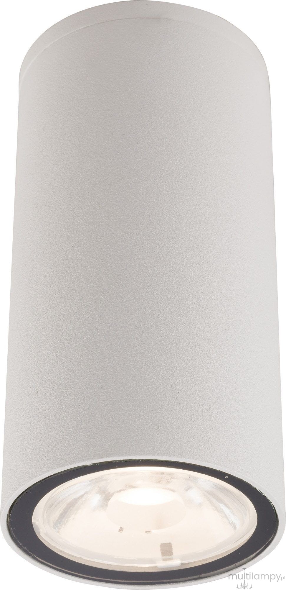 Lampa sufitowa Edesa LED S w kolorze białym, cylindryczna, z jednopunktowym źródłem światła. Ujęcie z góry, pokazujące pokrywę z matowego materiału i szklany klosz. Widoczny czarny pierścień wokół klosza. Idealna do oświetlenia wnętrz.