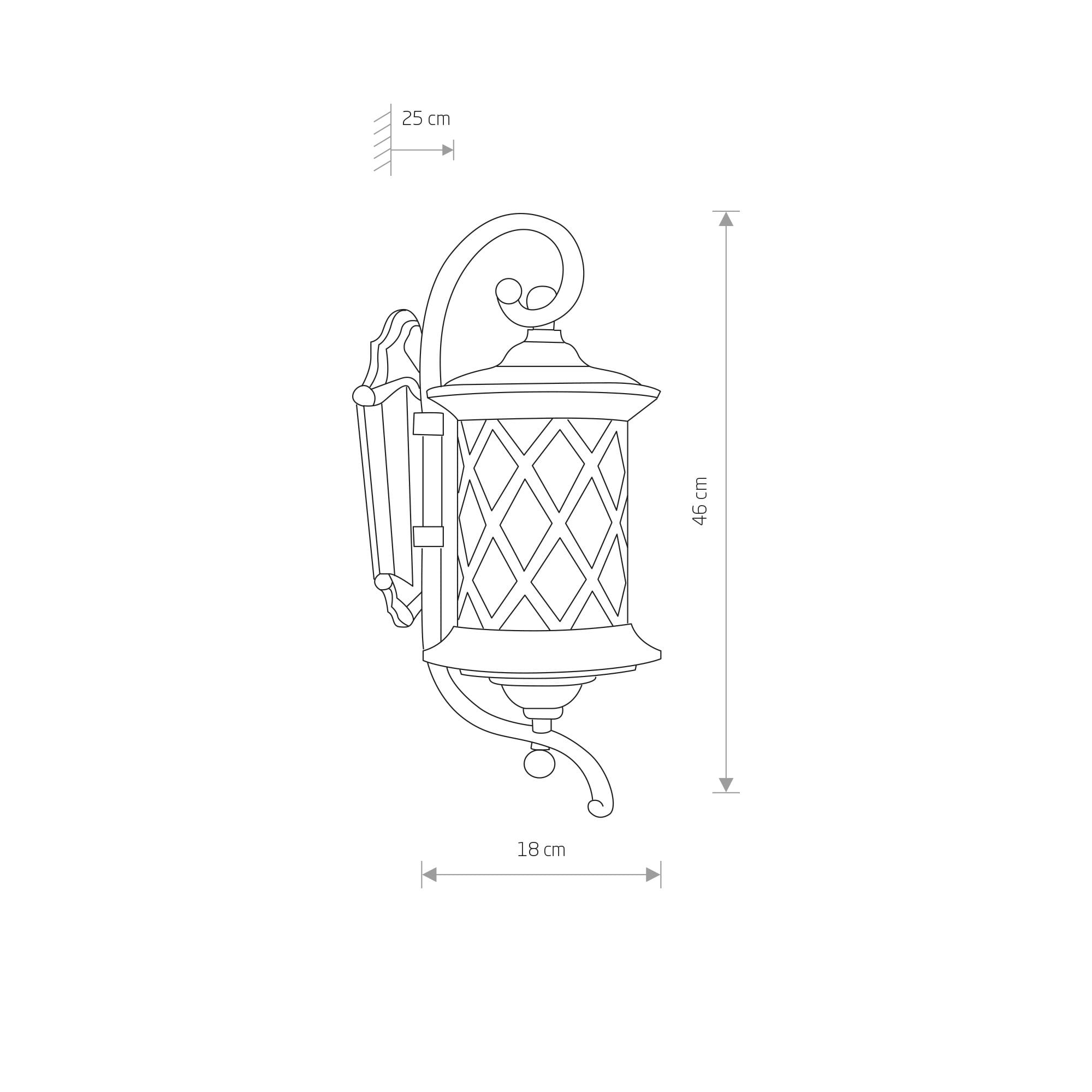 Kinkiet elewacyjny 1-punktowy Lantern o wymiarach 46 cm wysokości, 18 cm szerokości i 25 cm głębokości. Metalowa obudowa z dekoracyjnym wzorem w romby, zamocowany na stylowym uchwycie. Ujęcie z boku, detalowo przedstawiające kształt i wymiary.