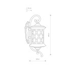 Kinkiet elewacyjny 1-punktowy Lantern o wymiarach 46 cm wysokości, 18 cm szerokości i 25 cm głębokości. Metalowa obudowa z dekoracyjnym wzorem w romby, zamocowany na stylowym uchwycie. Ujęcie z boku, detalowo przedstawiające kształt i wymiary.