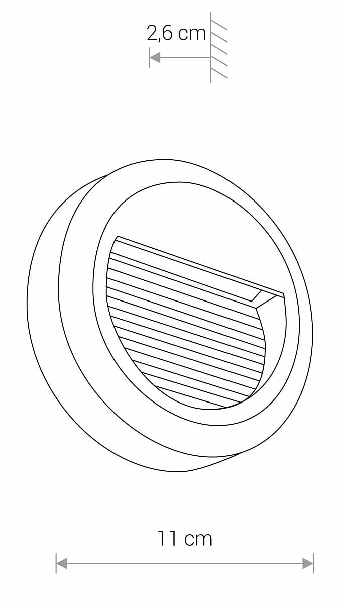 Oprawa zewnętrzna Sidewalk Round 1xLED/3W w kolorze czarnym, okrągła z wymiarami 11 cm średnicy i 2,6 cm głębokości. Z przodu widoczna żebrowana osłona, montowana na zewnątrz, idealna do oświetlenia ścieżek.