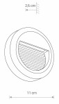 Oprawa zewnętrzna Sidewalk Round 1xLED/3W w kolorze czarnym, okrągła z wymiarami 11 cm średnicy i 2,6 cm głębokości. Z przodu widoczna żebrowana osłona, montowana na zewnątrz, idealna do oświetlenia ścieżek.