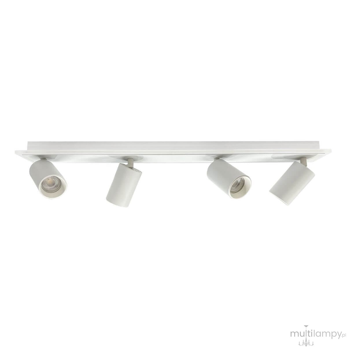 Lampa sufitowa Parma z pilotem, biała, z czterema oprawami GU10 i jedną LED. Ujęcie z góry, produkt zamontowany na prostokątnej podstawie. Widoczne cylindryczne klosze z możliwością regulacji kierunku światła.