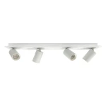 Lampa sufitowa Parma z pilotem, biała, z czterema oprawami GU10 i jedną LED. Ujęcie z góry, produkt zamontowany na prostokątnej podstawie. Widoczne cylindryczne klosze z możliwością regulacji kierunku światła.