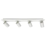 Lampa sufitowa Parma w kolorze białym, z czterema reflektorami GU10 i jednym źródłem LED. Ujęcie z góry, pokazujące okrągłe, matowe klosze zamocowane na prostokątnej podstawie. Produkt z pilotem do zdalnego sterowania.