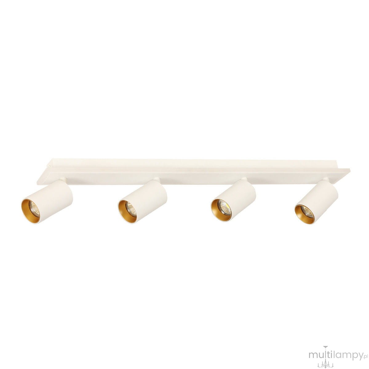 Lampa sufitowa Parma z pilotem, biała, z czterema oprawami GU10 i jedną LED. Ułożona poziomo na prostokątnej podstawie. Oprawy w formie cylindrów, zewnętrzna część biała, wnętrze w kolorze złotym.