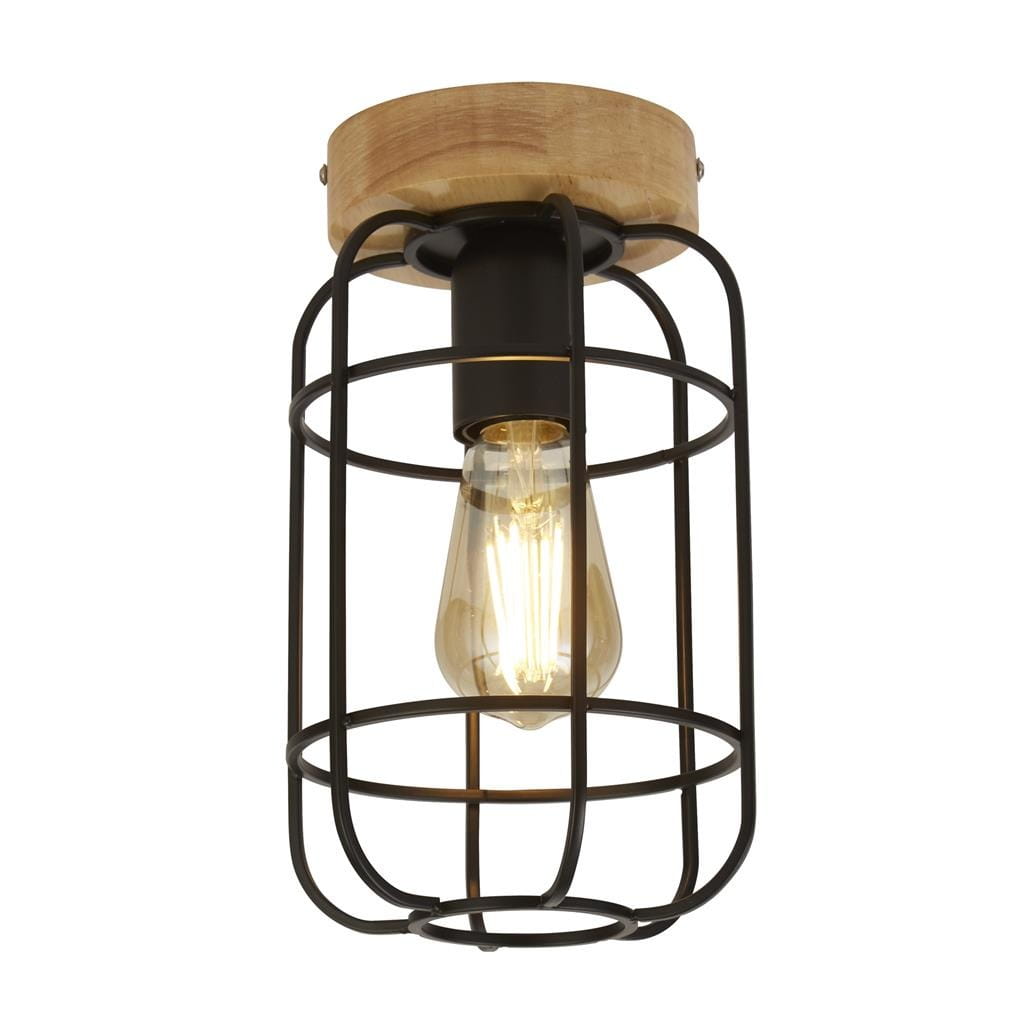 Czarna lampa sufitowa Vision z drewnianym stropem, z kloszem w formie metalowej siatki. Widoczna żarówka E27 w centrum, całość w nowoczesnym stylu, montowana na suficie.