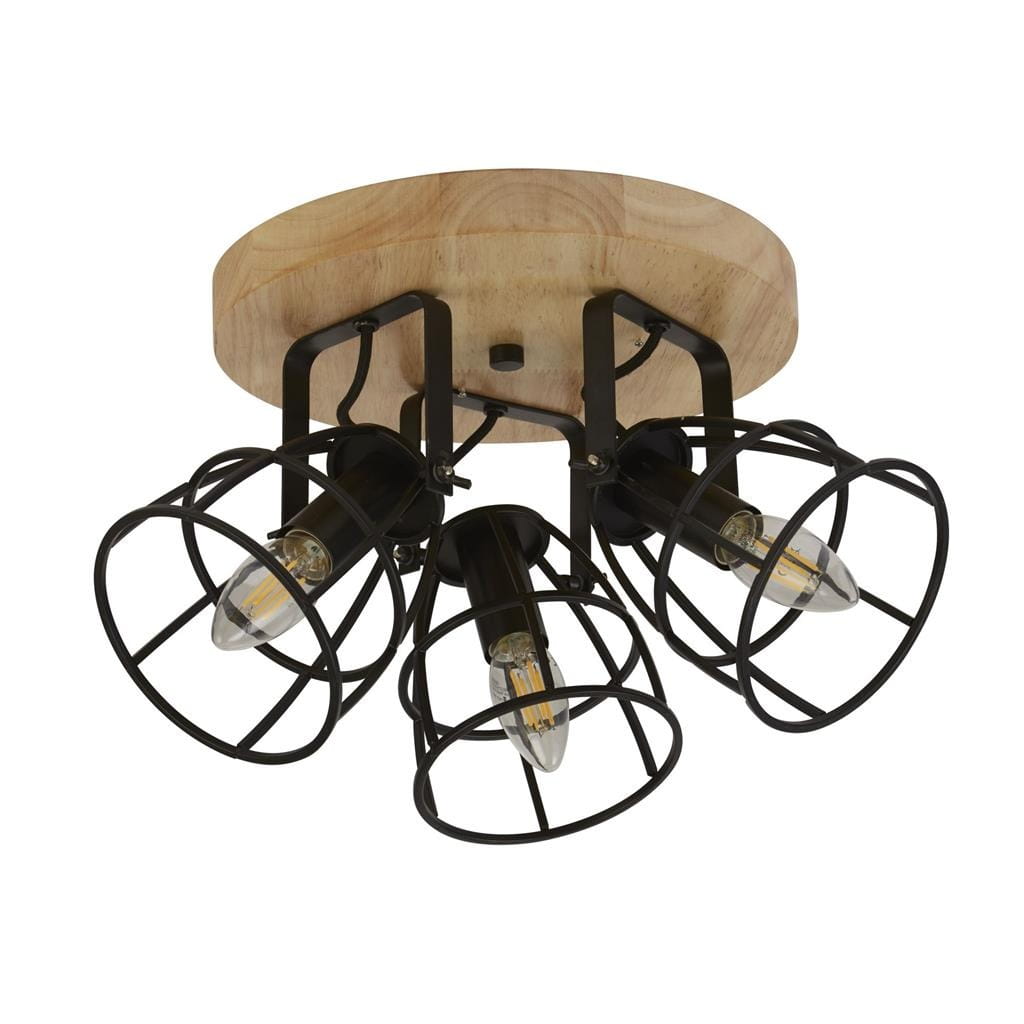 Lampa sufitowa Vision 3xE14 w kolorze czarnym z drewnianym stropem. Posiada trzy klosze w metalowych osłonach, zawieszona w pozycji poziomej. Idealna do wnętrz w stylu industrialnym.