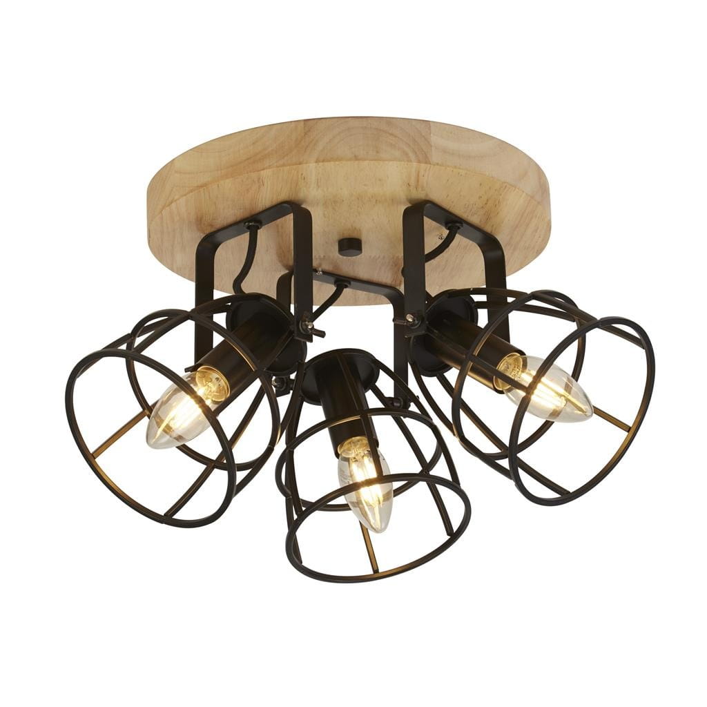 Lampa sufitowa Vision 3xE14 w kolorze czarnym z drewnianym stelażem. Trzy klosze z metalowymi siatkami, z widocznymi żarówkami, zamontowane na okrągłej, jasnej podstawie. Ujęcie z dołu, pokazujące detal konstrukcji.