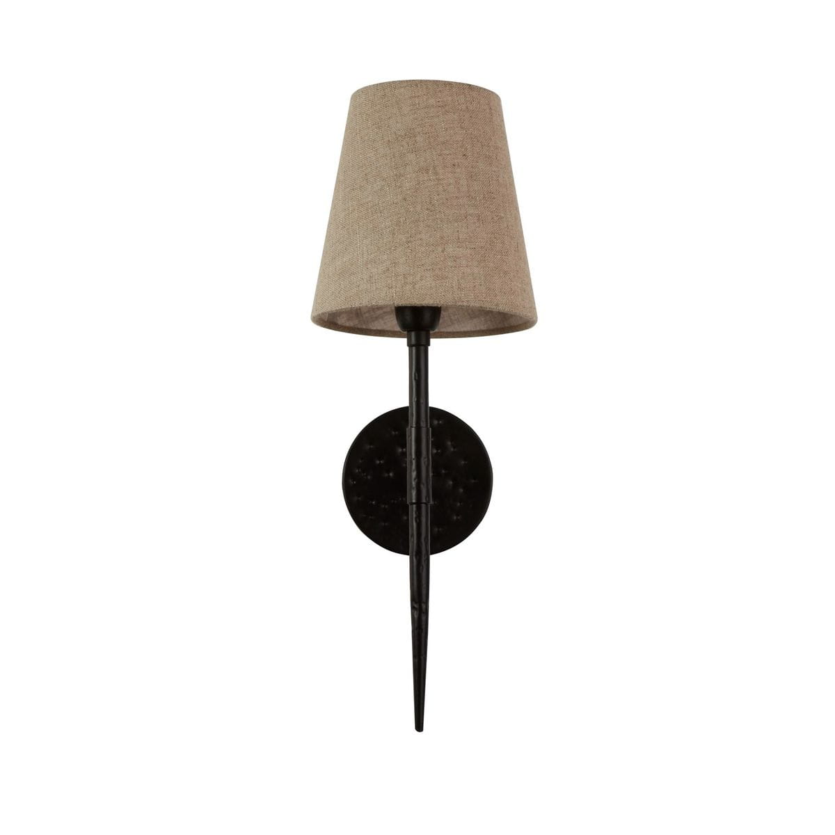 Czarny kinkiet Gothic z abażurem z naturalnego lnu, zamocowany na okrągłej podstawie. Abazur ma stożkowy kształt i jasnobeżowy kolor. Lampa z jedną oprawą E14, umieszczona w pionie na ścianie.
