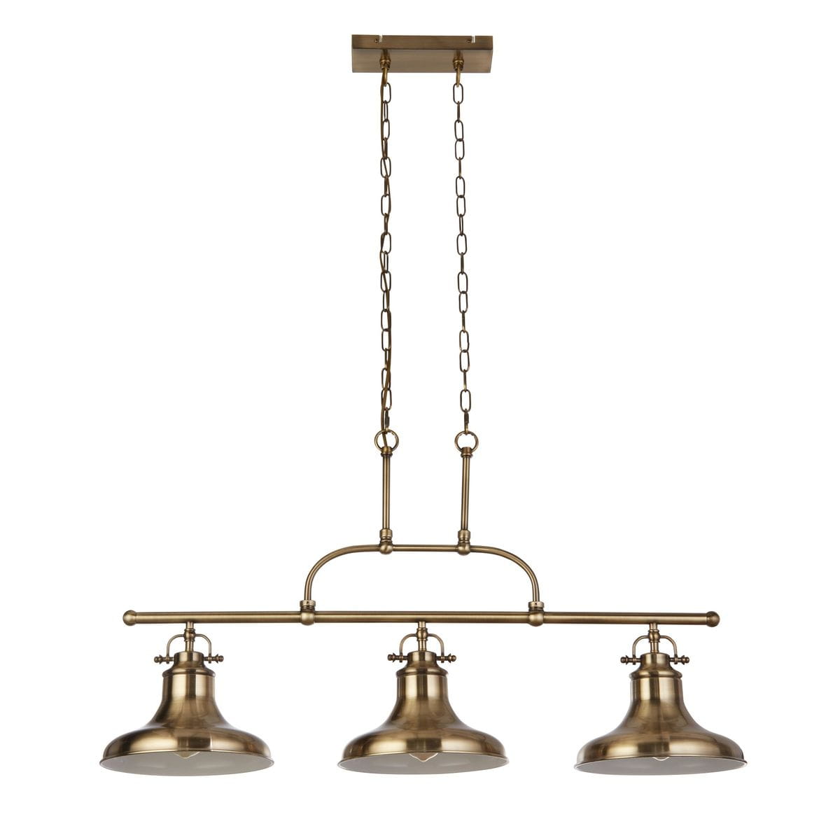 Lampa wisząca Dallas w kolorze antycznego mosiądzu z trzema kloszami. Posiada metalową konstrukcję z łańcuchami. Klosze mają kształt dzwonu, a całość zawieszona jest na prostokątnej podstawie sufitowej.