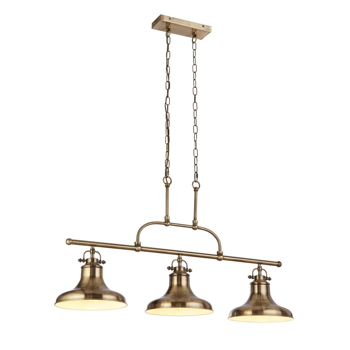 Lampa wisząca Dallas w kolorze antycznego mosiądzu z trzema kloszami E27. Produkt zawieszony na łańcuchach, z prostokątnym mocowaniem sufitowym. Klosze mają lekko wypukły kształt, emitując ciepłe światło.