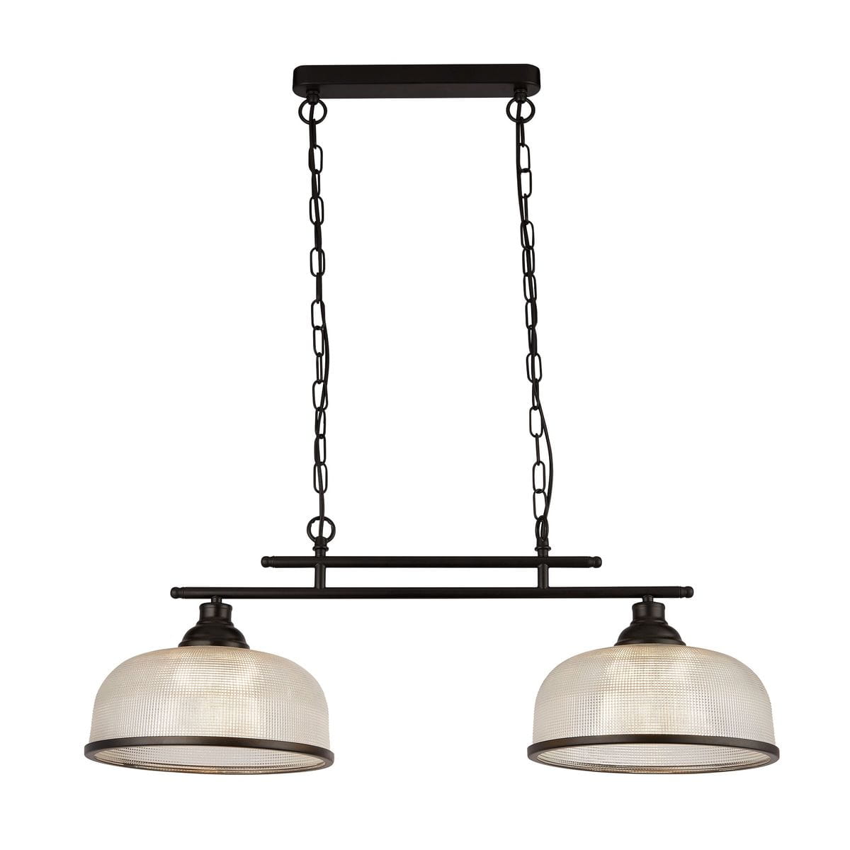 Lampa wisząca Highworth 2xE27 w kolorze czarnym z metalową konstrukcją. Dwie klosze w kształcie półkul, wykonane z przezroczystego materiału z siatkowymi detalami, zawieszone na łańcuchu.