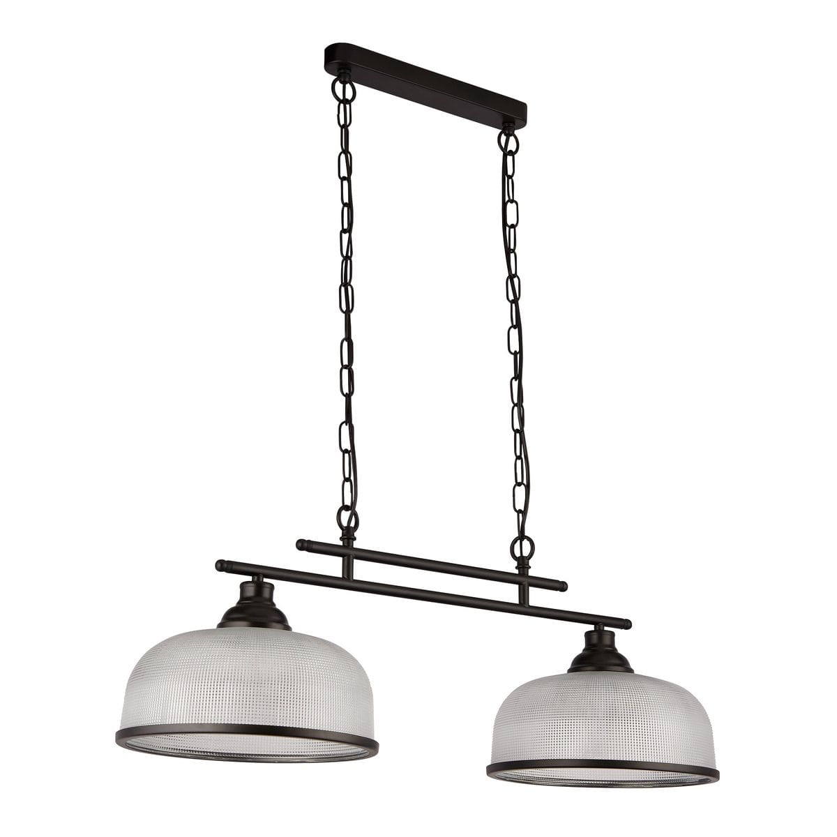 Lampa wisząca Highworth 2xE27 w kolorze czarnym, z dwoma szklanymi kloszami o okrągłym kształcie, zawieszona na metalowym łańcuchu. Klosze mają teksturowaną powierzchnię, a całość utrzymana jest w industrialnym stylu.