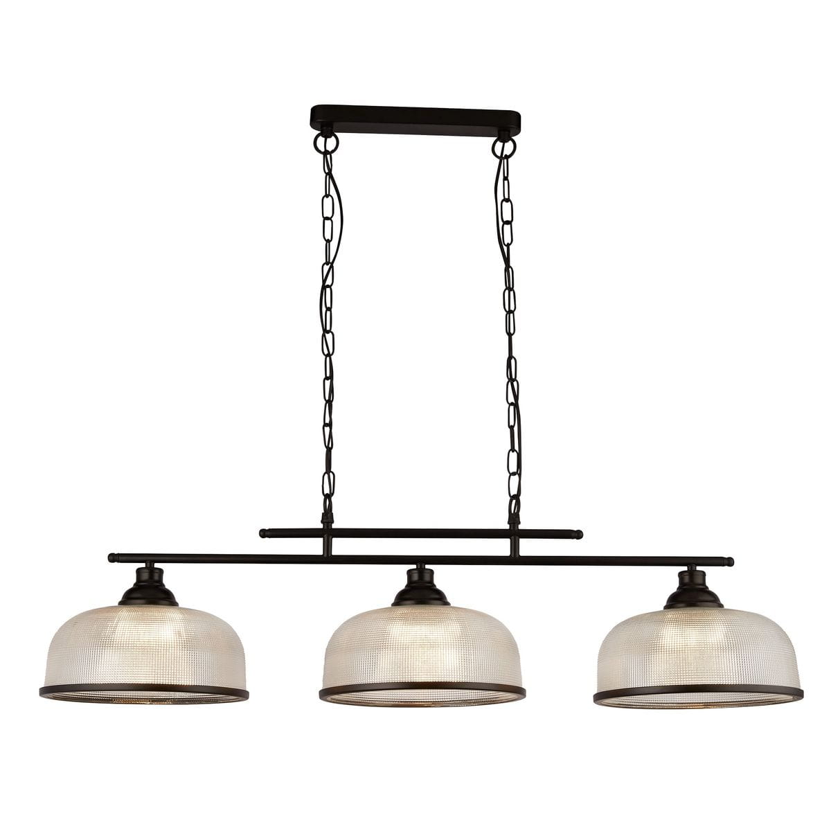 Lampa wisząca Highworth 3xE27 w kolorze czarnym, z trzema kloszami w kształcie półkul, wykonanymi z przezroczystego szkła z teksturą. Zawieszona na metalowym stelażu z łańcuchami, idealna do nowoczesnych wnętrz.