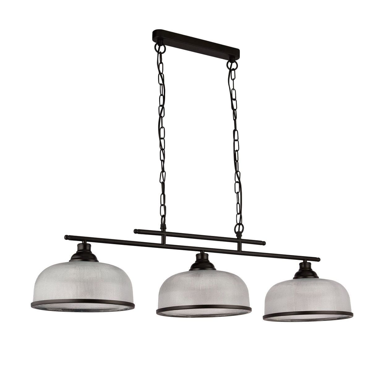 Lampa wisząca Highworth 3xE27 w czarnym kolorze z trzema szklanymi kloszami w kształcie półkul. Ułożona poziomo, zawieszona na łańcuchu, z metalowym stelażem. Klosze mają teksturowaną powierzchnię, co nadaje im industrialny wygląd.