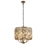 Lampa wisząca Bijou z antycznym mosiądzu, z pięcioma źródłami światła E14. Okrągły klosz z kryształowymi detalami, zawieszona na łańcuchu. Wykończenie w kolorze mosiądzu, idealna do eleganckich wnętrz.