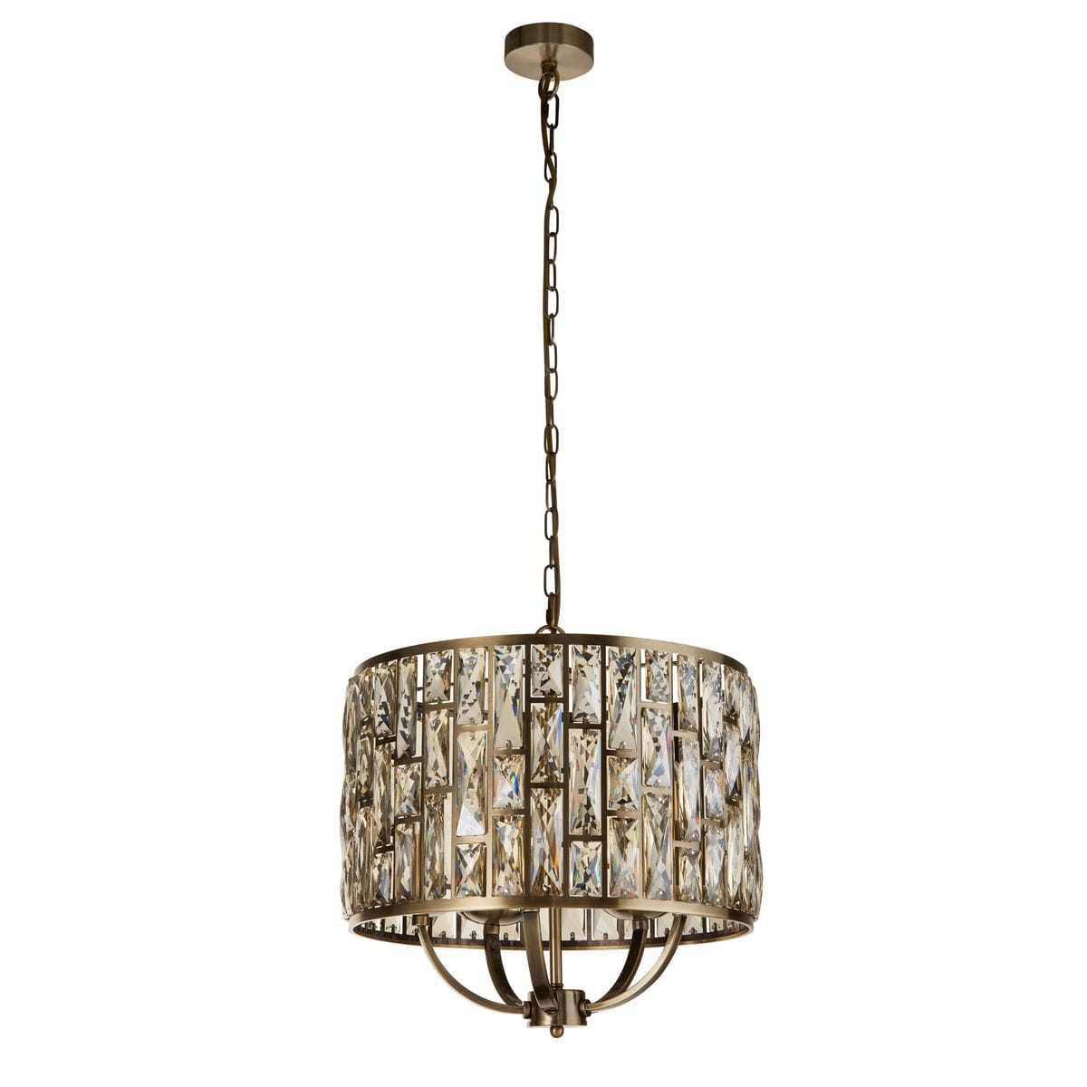 Lampa wisząca Bijou z antycznego mosiądzu, pięciożarówkowa (E14), o okrągłym kloszu z przezroczystymi kryształami w formie prostokątów, zawieszona na łańcuchu, z delikatną metalową podstawą.