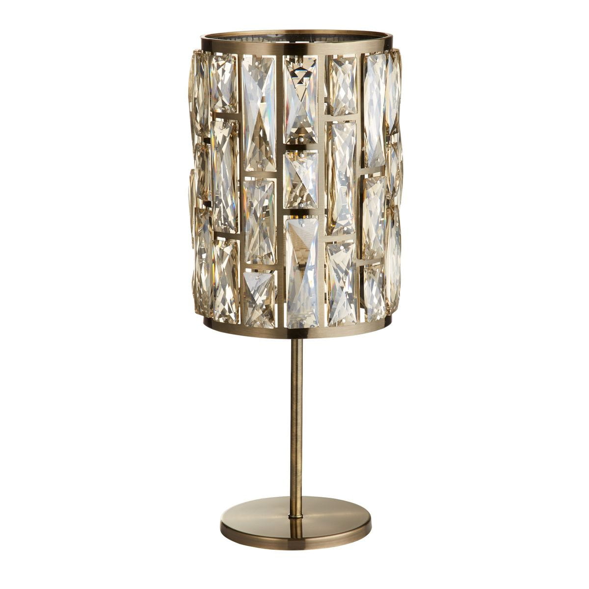 Lampa stołowa Bijou z antycznego mosiądzu, z cylindrycznym kloszem ozdobionym przezroczystymi, diamentowymi kryształami. Ustawiona na okrągłej podstawie, z pojedynczym ramieniem. Wysoka, elegancka forma, idealna do dekoracji wnętrz.