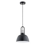 Lampa wisząca Mirave 1xE27 w kolorze czarnym z chromowanymi detalami. Posiada okrągły klosz z matowego metalu, zawieszona na długim przewodzie. Ujęcie frontalne, pokazujące elegancki design.