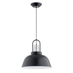 Lampa wisząca Mirave XL z jedną oprawą E27, w kolorze czarnym z chromowanymi akcentami. Posiada szeroką, zaokrągloną czaszę oraz dekoracyjny uchwyt. Zawieszona na regulowanym kablu, idealna do nowoczesnych wnętrz.