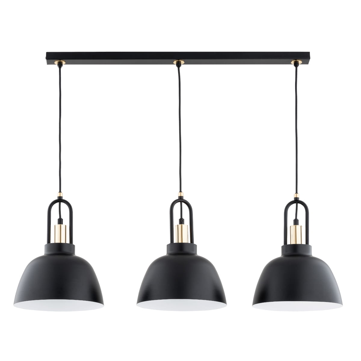 Lampa wisząca Mirave z trzema kloszami, czarna z złotymi detalami. Klosze mają okrągły kształt, zawieszone na czarnych przewodach. Elementy metalowe w kolorze złotym, montowane na prostokątnej podstawie. Idealna do nowoczesnych wnętrz.