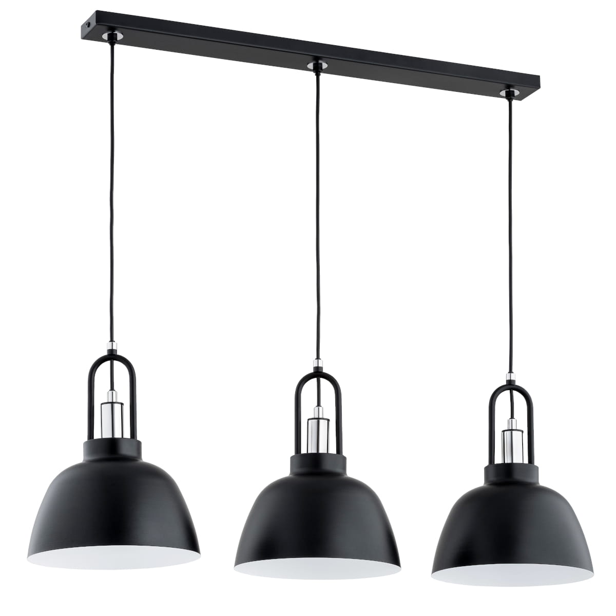 Lampa wisząca Mirave 3xE27 w kolorze czarnym i chromowanym z trzema kloszami w kształcie stożków, zawieszona na prostokątnej metalowej listwie. Kable w czerni, klosze matowe z białymi wnętrzami.