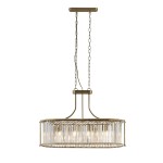 Lampa wisząca Victoria 5xE27 w antycznym mosiądzu, z prostokątnym kloszem z przezroczystych kryształów. Posiada metalowy stelaż i dwa łańcuchy zawieszenia, idealna do nowoczesnych wnętrz.