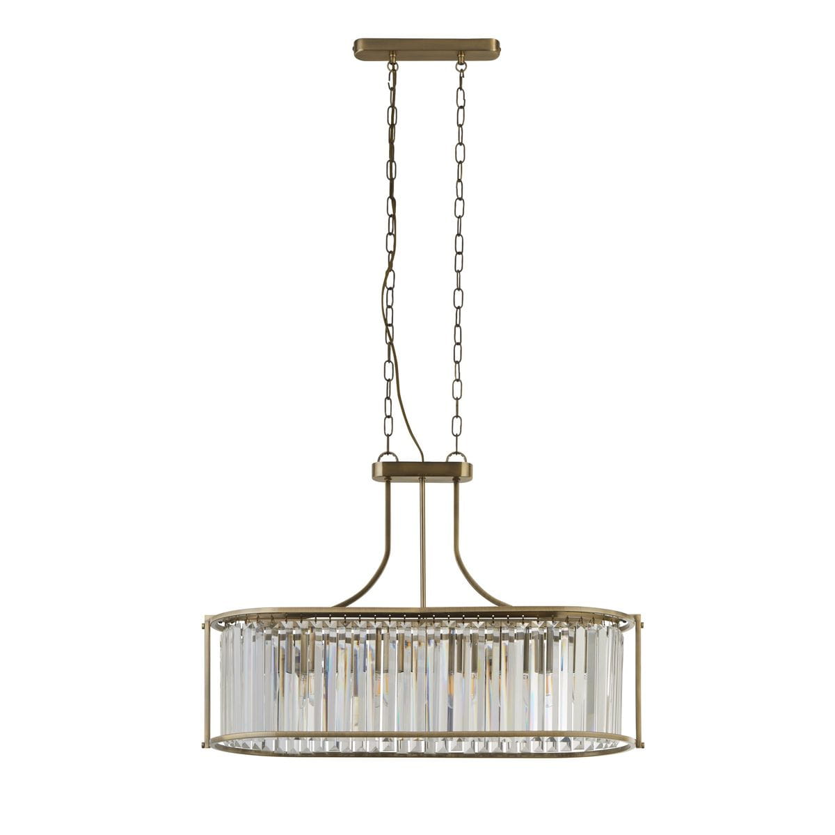 Lampa wisząca Victoria z antycznego mosiądzu, z pięcioma miejscami na żarówki E27. Okrągła, metalowa konstrukcja z wiszącymi, przezroczystymi kryształkami, zawieszona na łańcuchu. Idealna do nowoczesnych wnętrz.