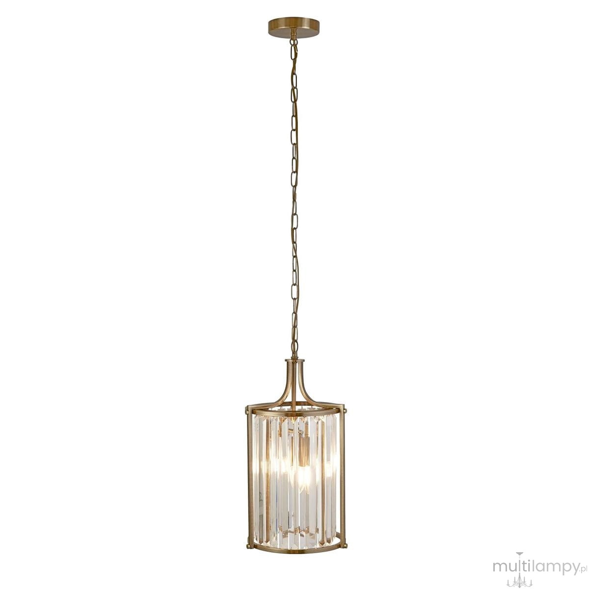 Lampa wisząca Victoria w antycznym mosiądzu z przezroczystymi szklanymi elementami. Ma cylindryczny kształt, zawieszona na łańcuchu, z dwoma źródłami światła E14. Idealna do stylowych wnętrz.