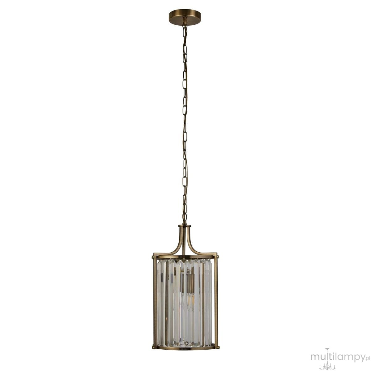 Lampa wisząca Victoria z antycznego mosiądzu, z przezroczystymi, prostokątnymi elementami, zawieszona na łańcuchu. Ma dwa gniazda E14. Ujęcie z boku, pokazujące detal konstrukcji oraz długość zwisu.