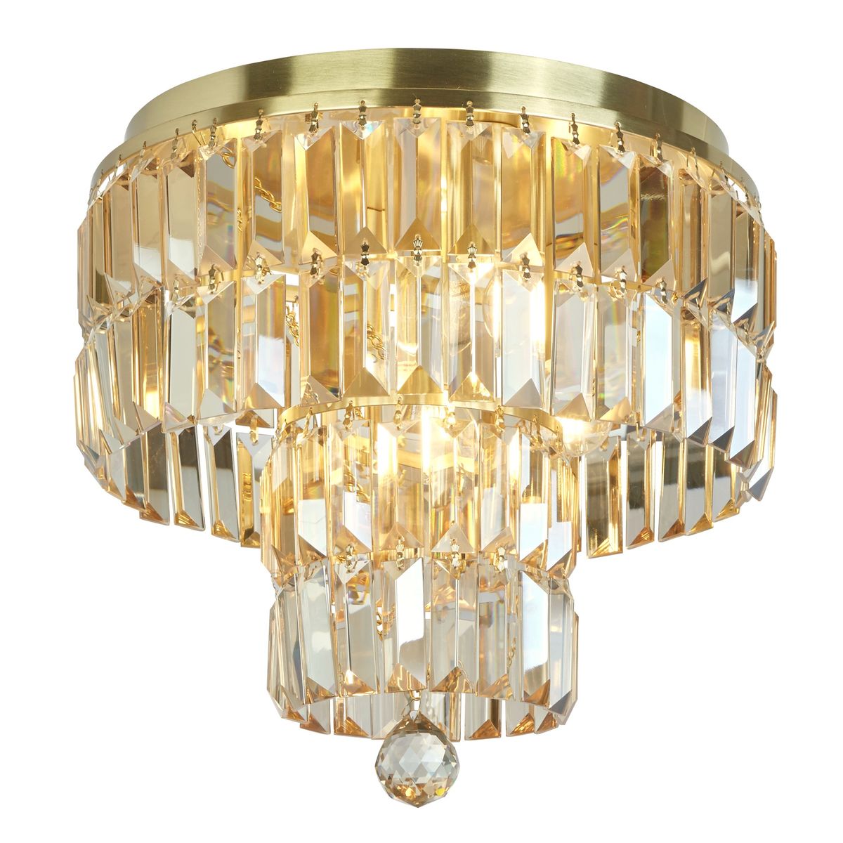Lampa sufitowa Empire z mosiądzu satynowego, z czterema oprawami E14, dekorowana przezroczystymi kryształami. Zbliżenie na elegancką konstrukcję, z detalem w postaci wiszącego kryształu na dole. Idealna do wnętrz wymagających stylowego oświetlenia.