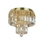 Lampa sufitowa Empire 4xE14/IP44 w satynowym mosiądzu, z ozdobnym kloszem z kryształowych elementów w różnych kształtach. Klosz ma okrągłą podstawę i zwisający kryształ na dole, montowany do sufitu.