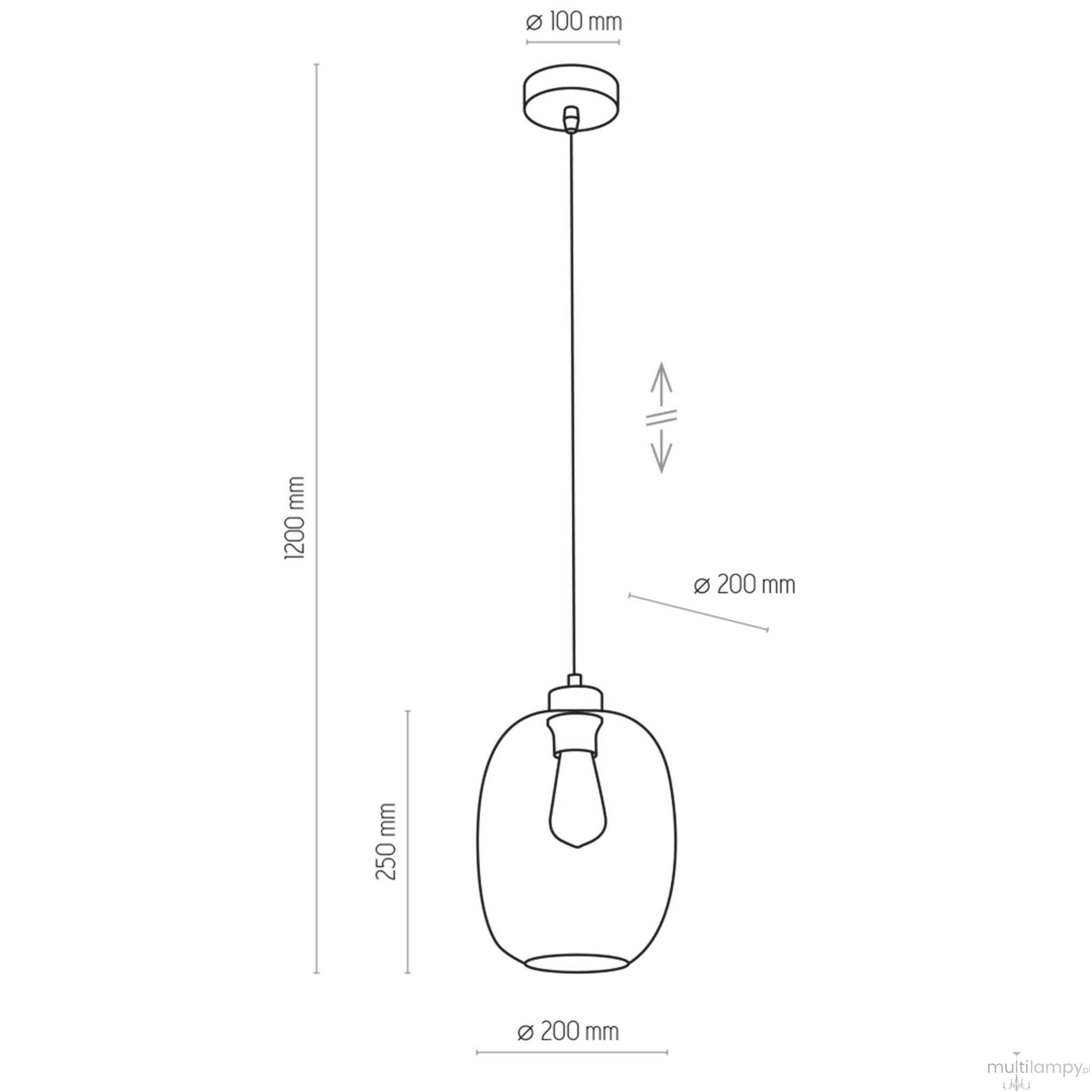 Lampa wisząca Elio 1-punktowa, transparentna, o okrągłym kształcie, zawieszona na cienkim kabelku. Wymiary: wysokość 1200 mm, średnica klosza 200 mm. Prosta konstrukcja z miejscem na żarówkę. Tło białe.