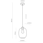 Lampa wisząca Elio 1-punktowa, transparentna, o okrągłym kształcie, zawieszona na cienkim kabelku. Wymiary: wysokość 1200 mm, średnica klosza 200 mm. Prosta konstrukcja z miejscem na żarówkę. Tło białe.
