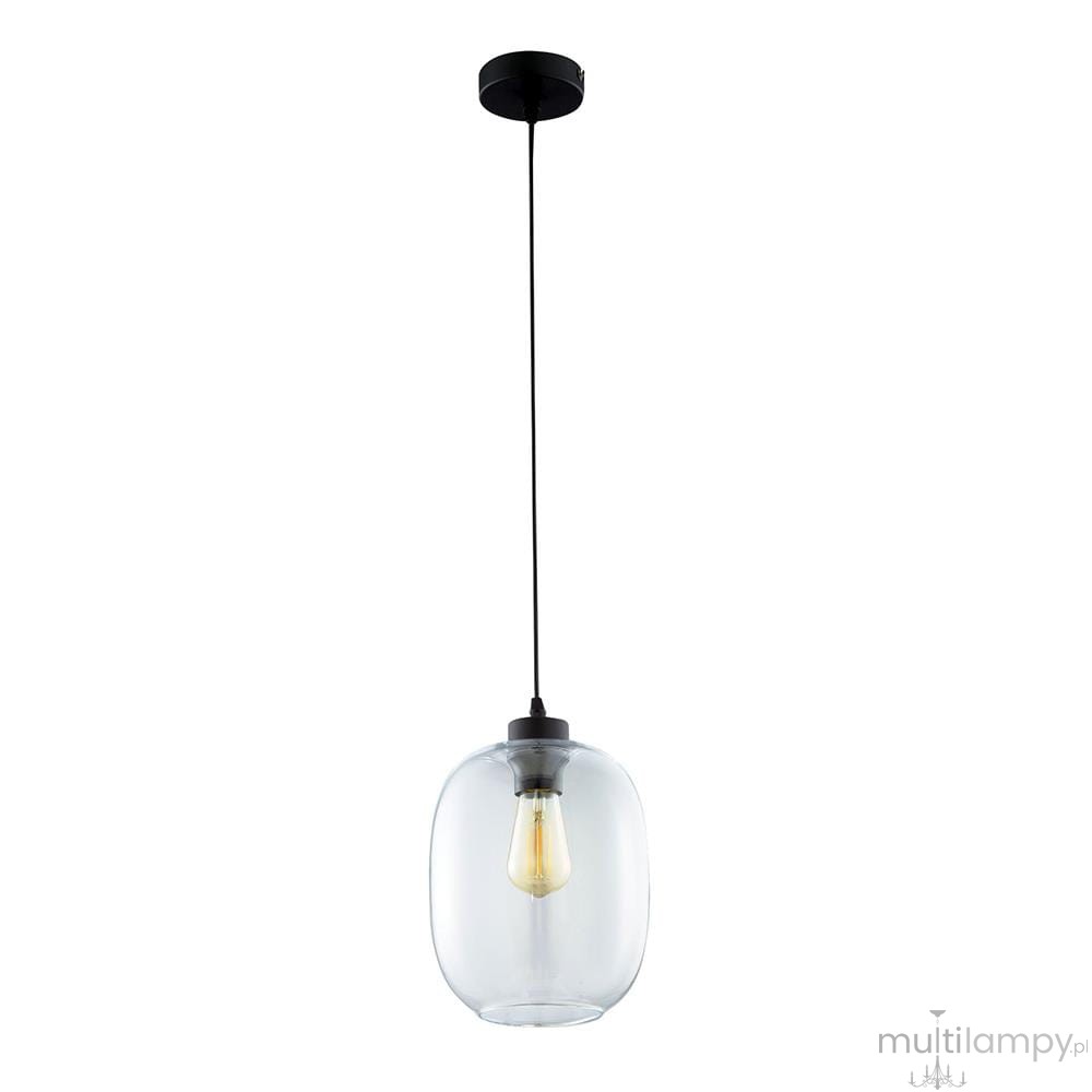 Lampa wisząca Elio 1-punktowa z przezroczystym kloszem, o opływowym kształcie. Zawieszona na czarnym przewodzie, z metalowym mocowaniem. Widoczna żarówka wewnątrz klosza. Tło proste, białe.